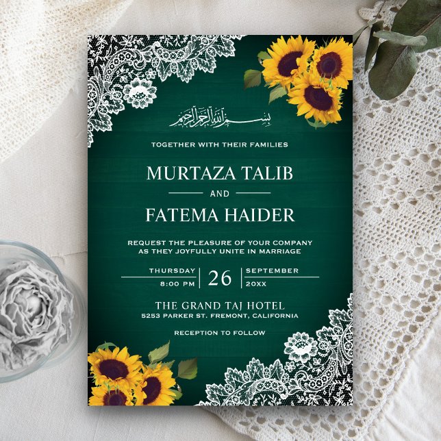 Rustic Green Wood Lace Sunflower Muslim Wedding Invitation (Creator Uploaded)