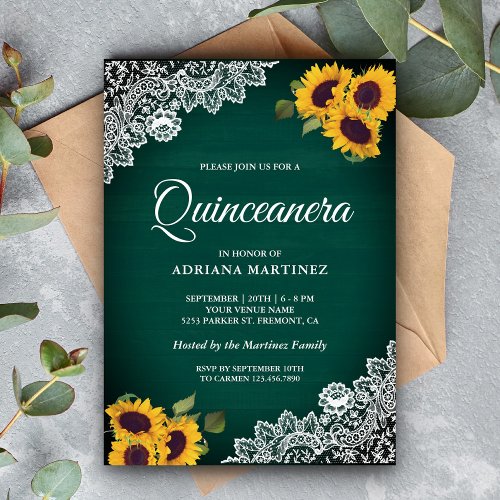 Rustic Green Wood Lace Sunflower Quinceanera Invitation