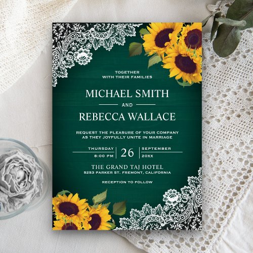 Rustic Green Wood Lace Sunflower Wedding Invitation