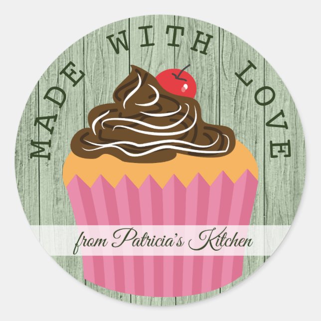 Rustic Green Wood Made With Love Cupcake Classic Round Sticker (Front)