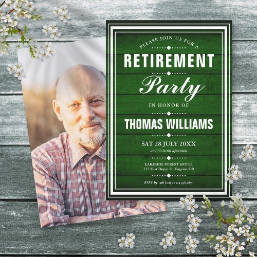 Rustic Green Wood Panels Photo Retirement Party Invitation