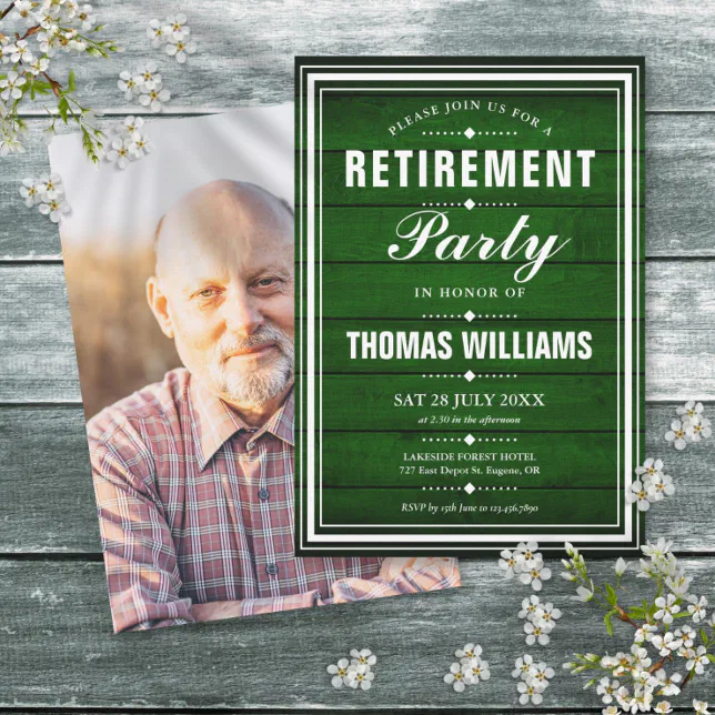 Rustic Green Wood Panels Photo Retirement Party Invitation | Zazzle