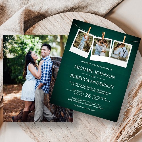 Rustic Green Wood Photo Budget Wedding Invitation