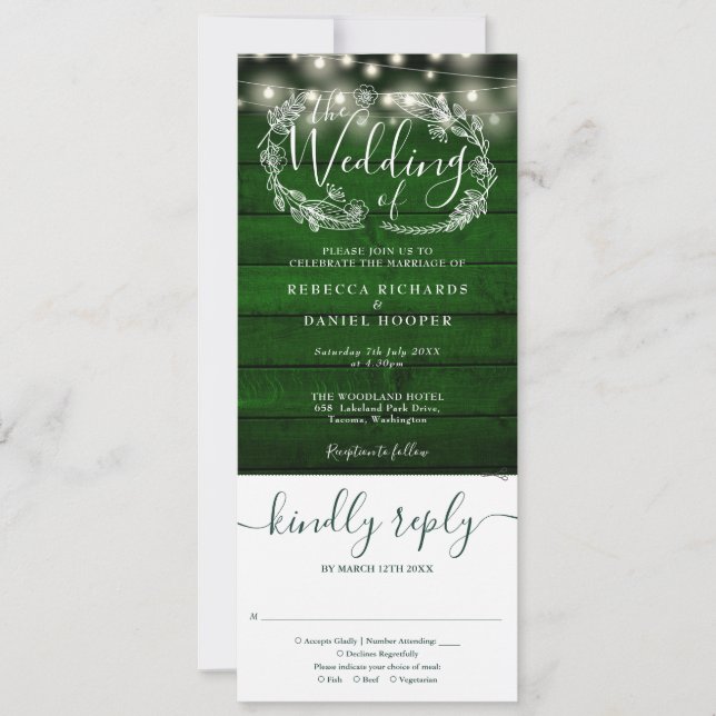 Rustic Green Wood String Lights All In One Wedding Invitation (Front)