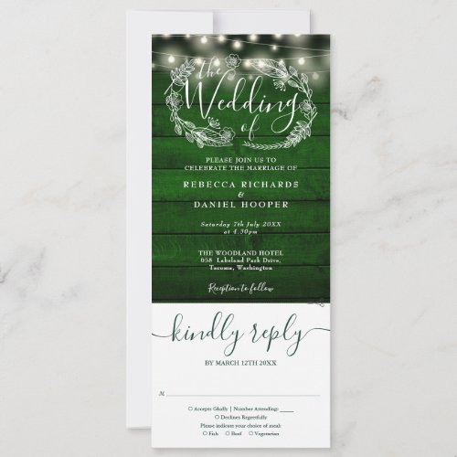 Rustic Green Wood String Lights All In One Wedding Invitation