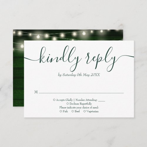Rustic Green Wood String Lights Floral Script RSVP Card
