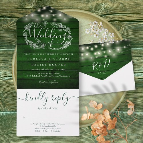 Rustic Green Wood String Lights Floral Wedding All In One Invitation