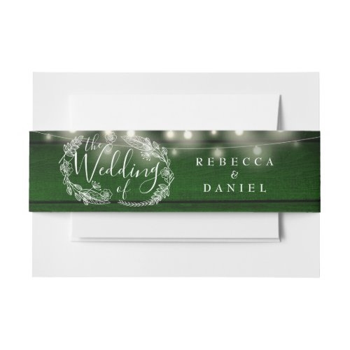 Rustic Green Wood String Lights Floral Wedding Invitation Belly Band