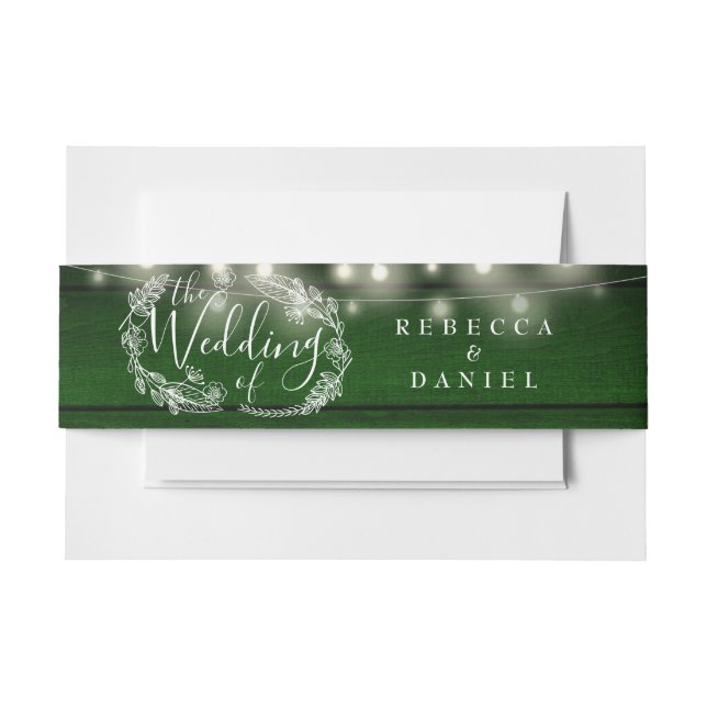 Rustic Green Wood String Lights Floral Wedding Invitation Belly Band (Front Example)