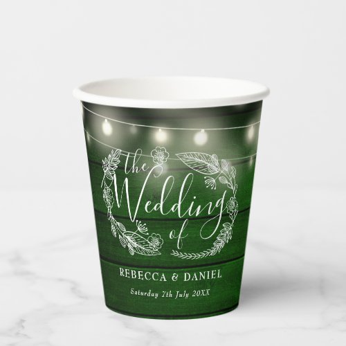Rustic Green Wood String Lights Floral Wedding Paper Cups