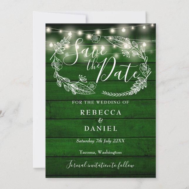 Rustic Green Wood String Lights Floral Wedding Save The Date (Front)