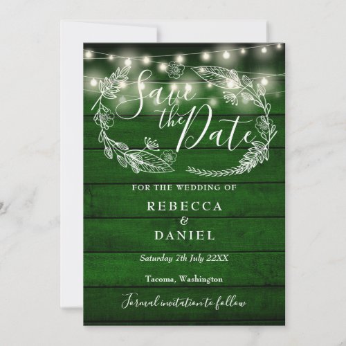 Rustic Green Wood String Lights Floral Wedding Save The Date