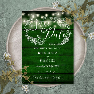 Rustic Green Wood String Lights Floral Wedding Save The Date