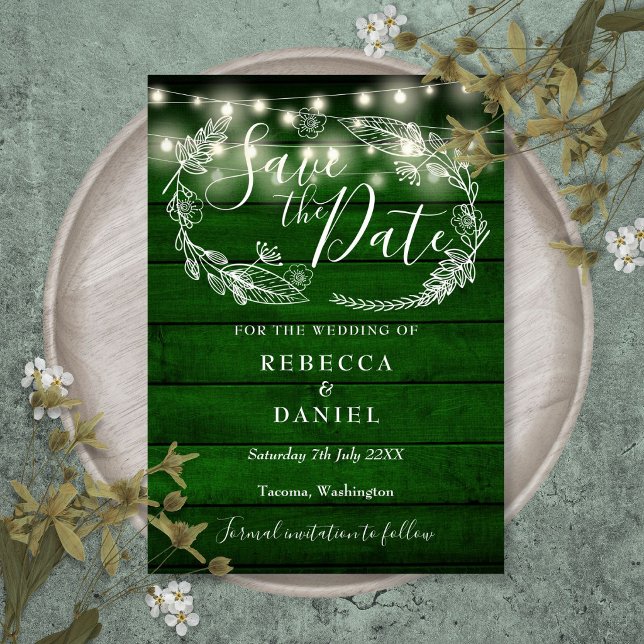 Rustic Green Wood String Lights Floral Wedding Save The Date (Rustic Green Wood String Lights Floral Wedding Save The Date)