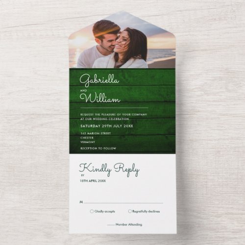 Rustic Green Wood String Lights Photo Wedding All In One Invitation