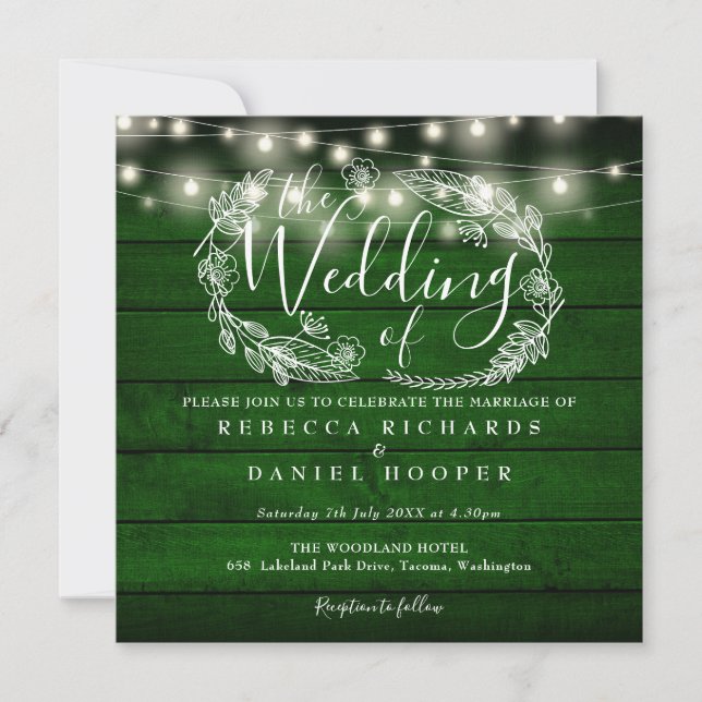 Rustic Green Wood String Lights Photo Wedding Invitation (Front)