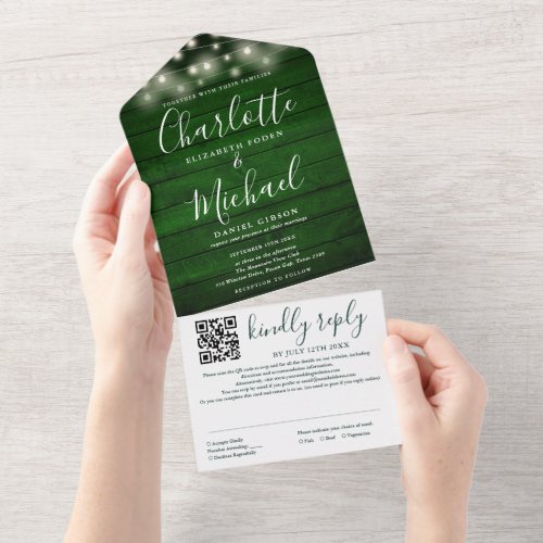 Rustic Green Wood String Lights QR Code Wedding  All In One Invitation