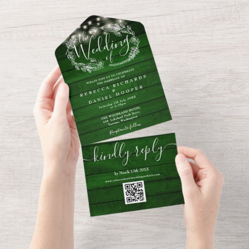 Rustic Green Wood String Lights QR Code Wedding All In One Invitation