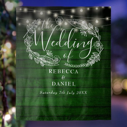 Rustic Green Wood String Lights Wedding Backdrop