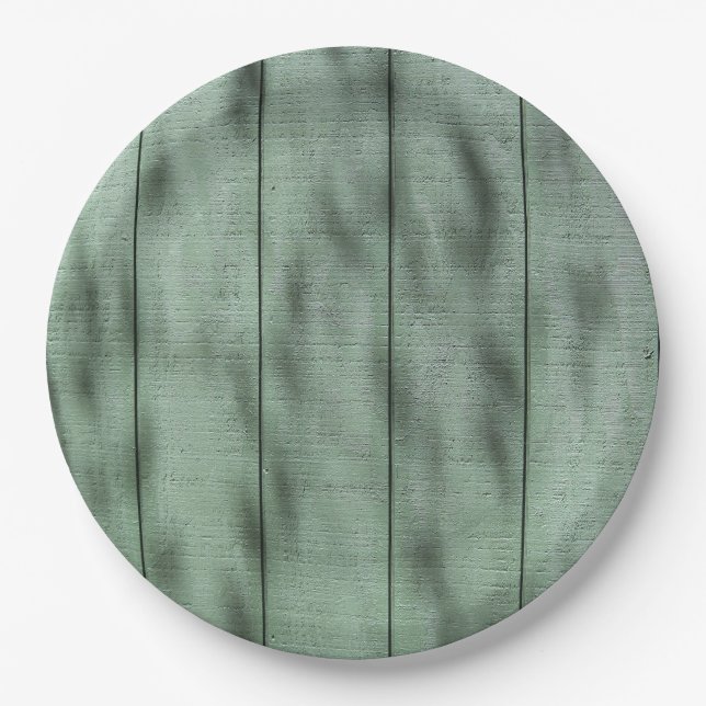 Rustic Green Wood Wall with Dappled Shadows/Light Paper Plates (Front)