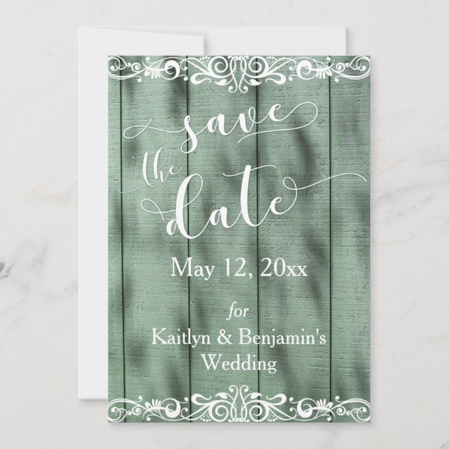 Rustic Green Wood White Scrollwork Save the Date (Front)