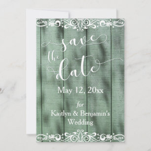 Rustic Green Wood White Scrollwork Save the Date