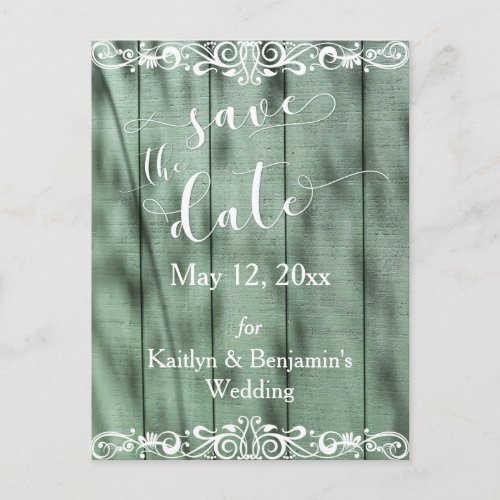 Rustic Green Wood White Scrollwork Save the Date Announcement Postcard