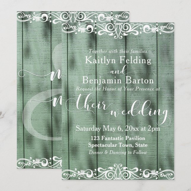 Rustic Green Wood White Scrollwork Wedding 2 Invitation (Front/Back)