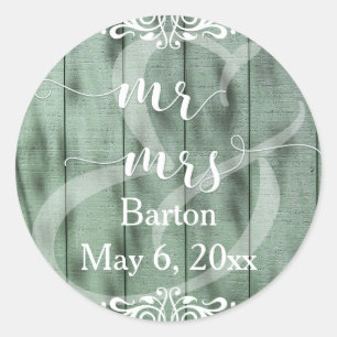 Rustic Green Wood White Scrollwork Wedding Classic Round Sticker