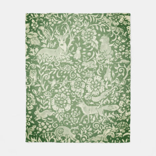 Rustic Green Woodland Animal Deer Fox Rabbit Bird Fleece Blanket