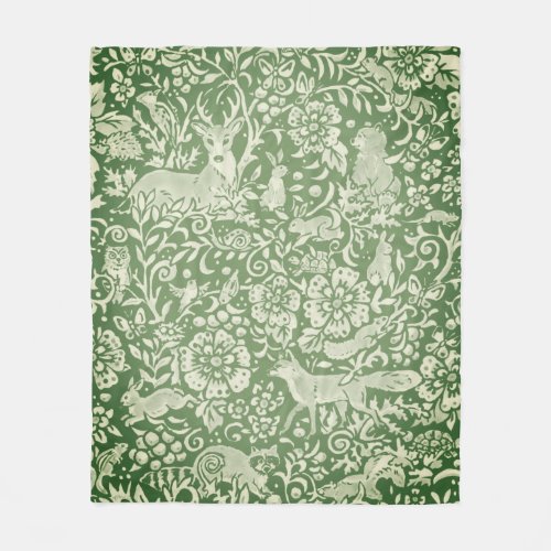 Rustic Green Woodland Animal Deer Fox Rabbit Bird Fleece Blanket