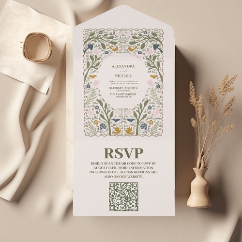 Rustic Green Woodland Fern Wedding QR CODE All In One Invitation