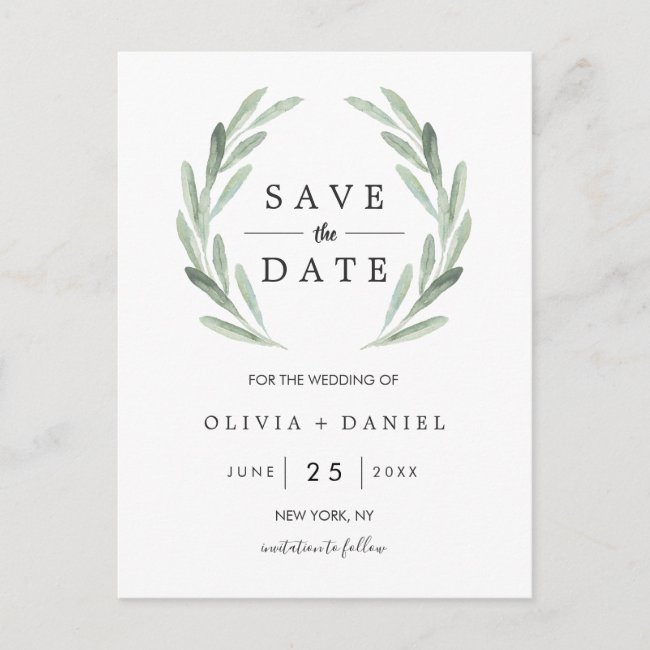 Rustic Green Wreath Simple Wedding Save the Date Announcement Postcard