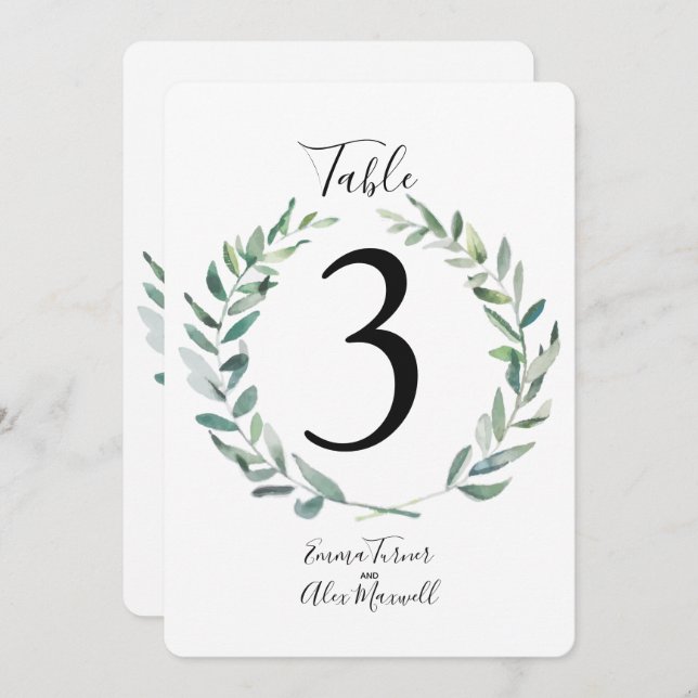 Rustic Green wreath | Table number cards (Front/Back)