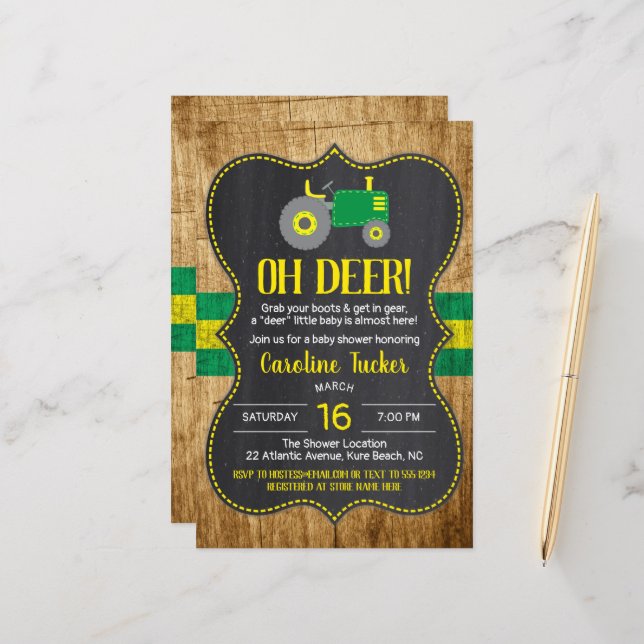 Rustic Green Yellow Tractor Baby Shower Invitation (Front/Back In Situ)
