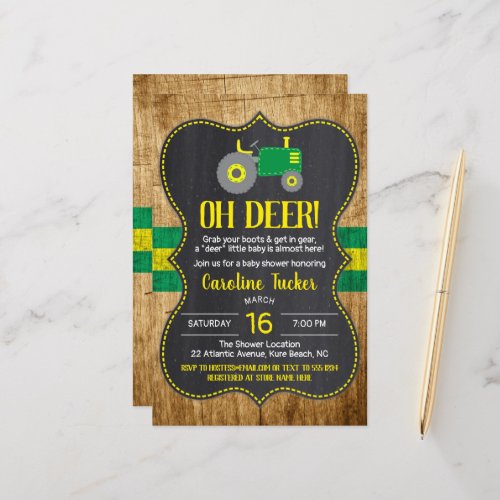 Rustic Green Yellow Tractor Baby Shower Invitation