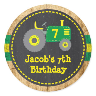 Rustic Green Yellow Tractor Birthday Favor Sticker