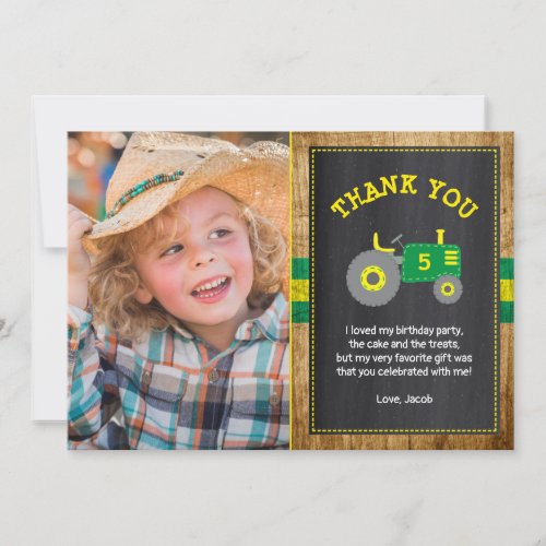 Rustic Green  Yellow Tractor Birthday Thank You