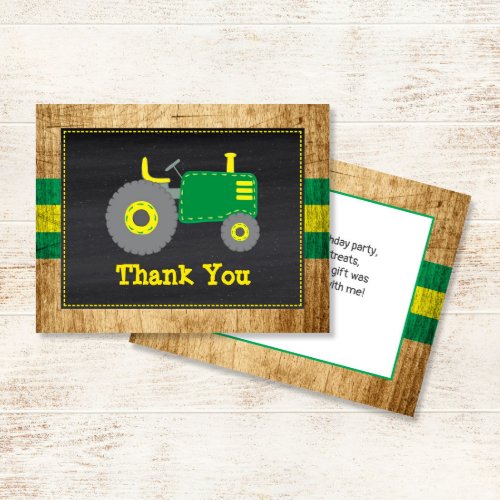 Rustic Green  Yellow Tractor Birthday Thank You