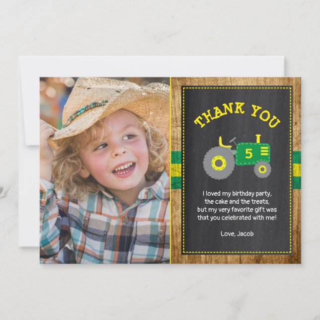 Rustic Green & Yellow Tractor Birthday Thank You Card (Front)