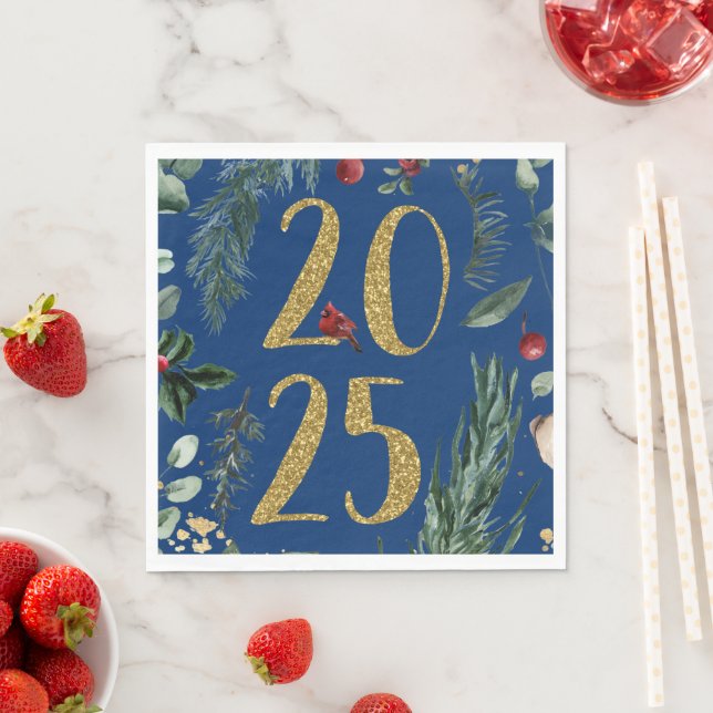 Rustic Greenery 2025 Blue New Years Holiday  Napkins (Insitu)