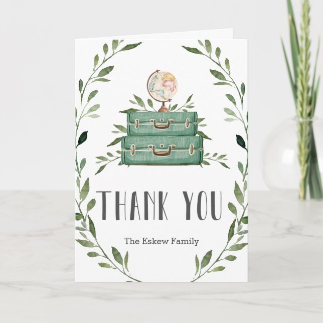Rustic Greenery Adventure Baby Shower Suitcase Tha Thank You Card (Front)