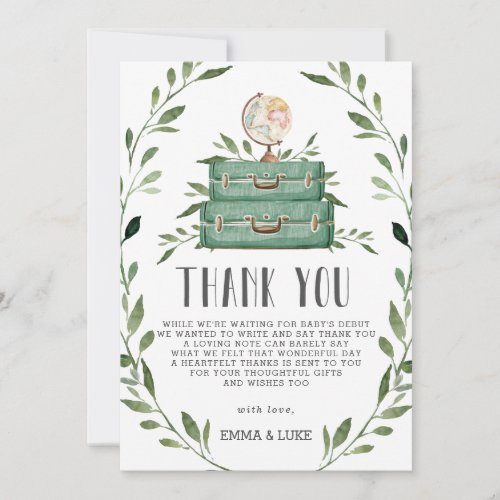 Rustic Greenery Adventure Baby Shower Suitcase Thank You Card