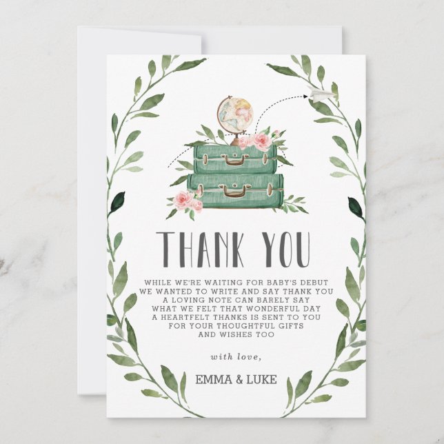 Rustic Greenery Adventure Baby Shower Suitcase  Thank You Card (Front)