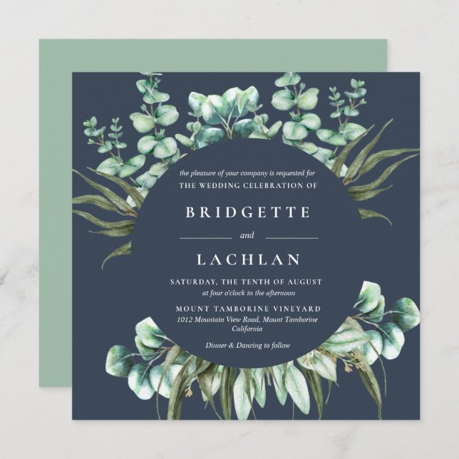 Rustic Greenery and Navy Eucalyptus SQ Wedding Invitation (Front/Back)