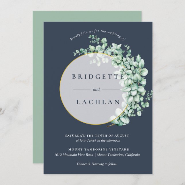 Rustic Greenery  and Navy Eucalyptus Wedding Invitation (Front/Back)