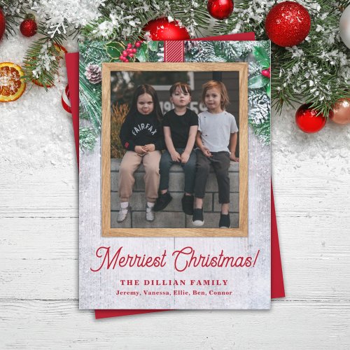 Rustic Greenery and Wood Christmas Photo Holiday Card