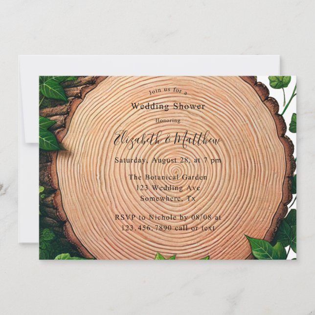 Rustic Greenery and Wood Slice Wedding Shower Invitation (Front)