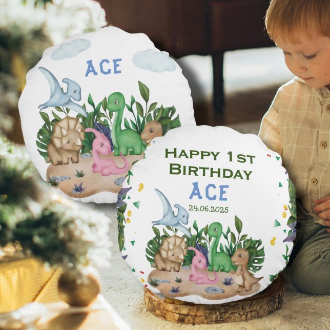 Rustic Greenery Baby Dinosaurs Wild One Birthday Round Pillow (Creator Uploaded)