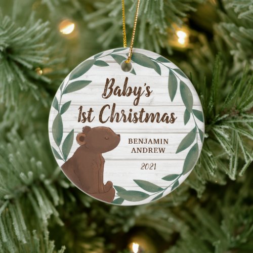 Rustic Greenery Bear Babys First Christmas Photo Ceramic Ornament